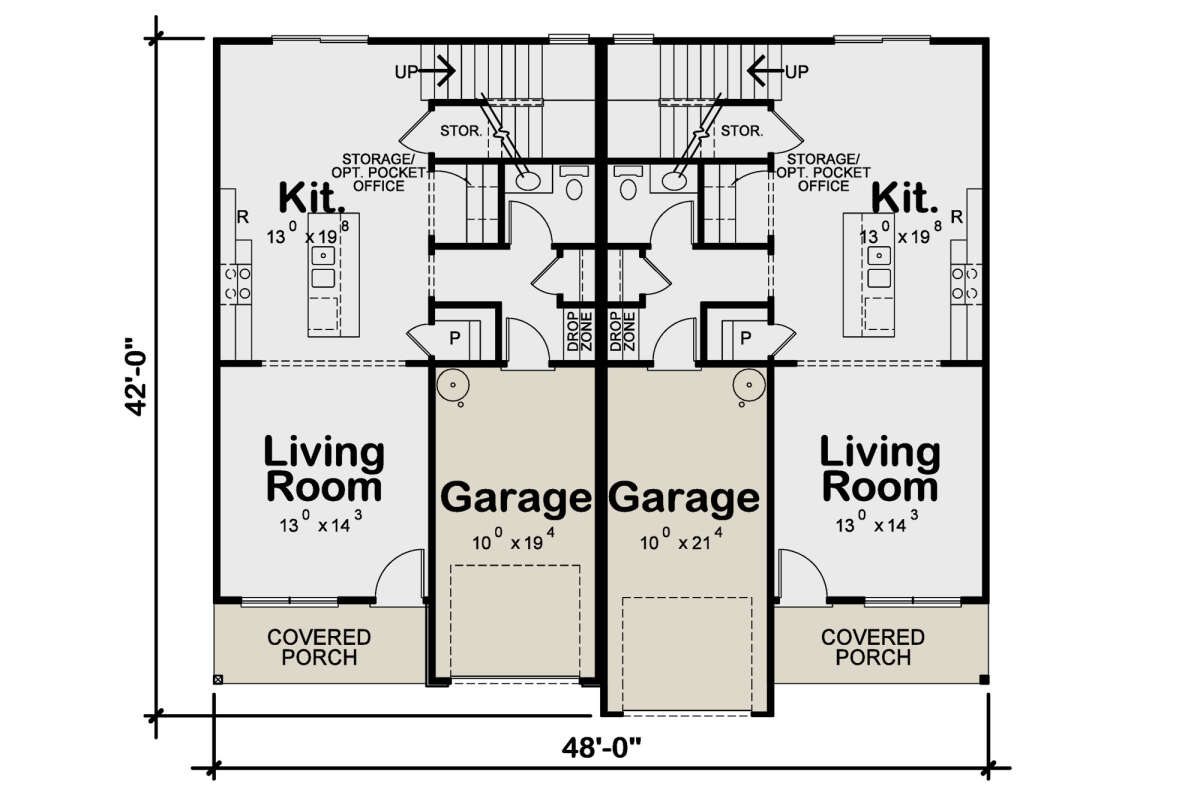 1st floor — living room, kitchen, garage and covered porch per unit
