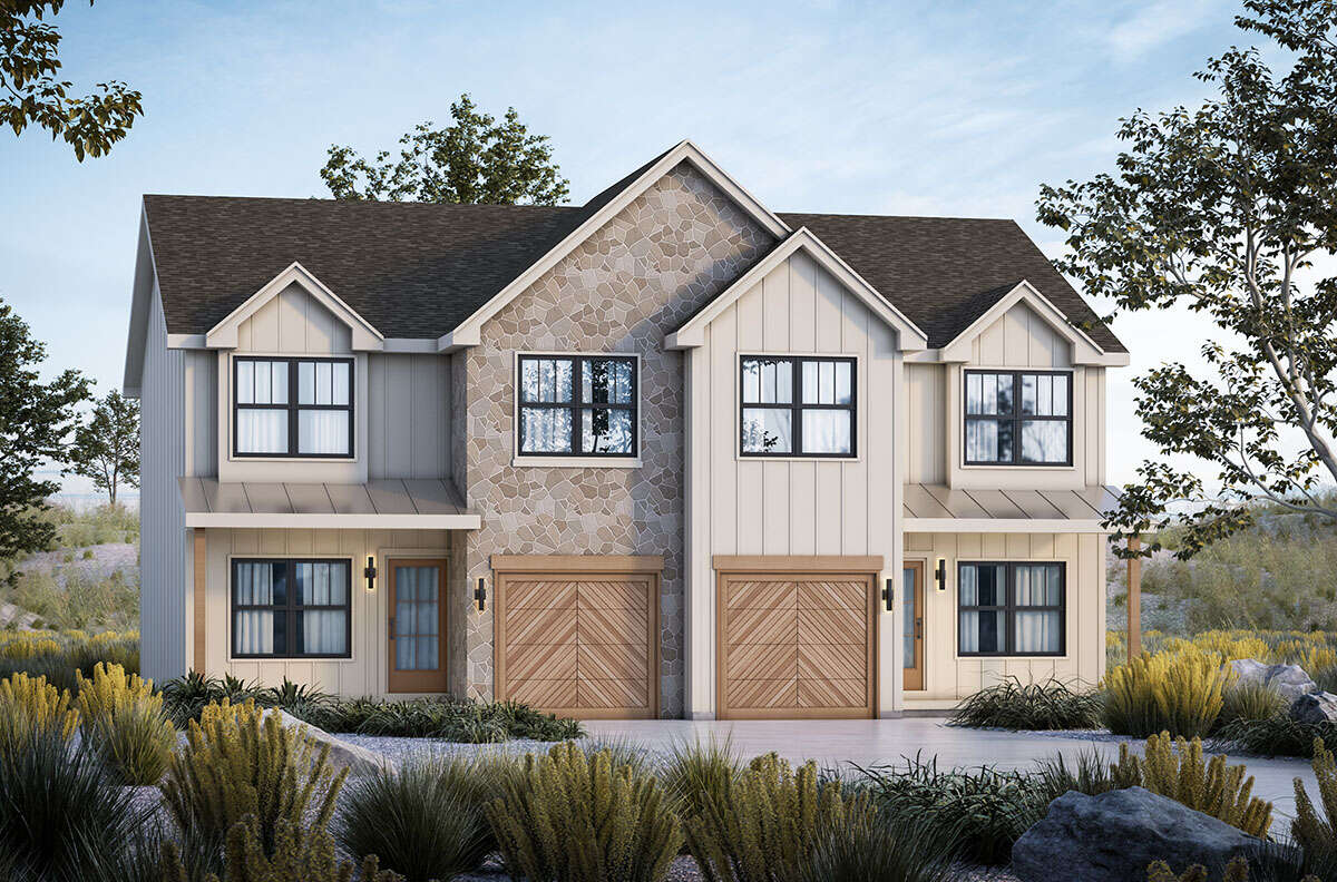 Front elevation — 2-unit duplex rendering