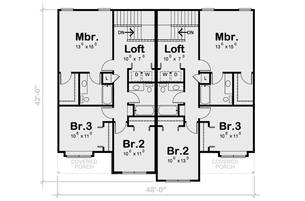 2nd floor — master bedroom, 2 bedrooms, loft and laundry per unit