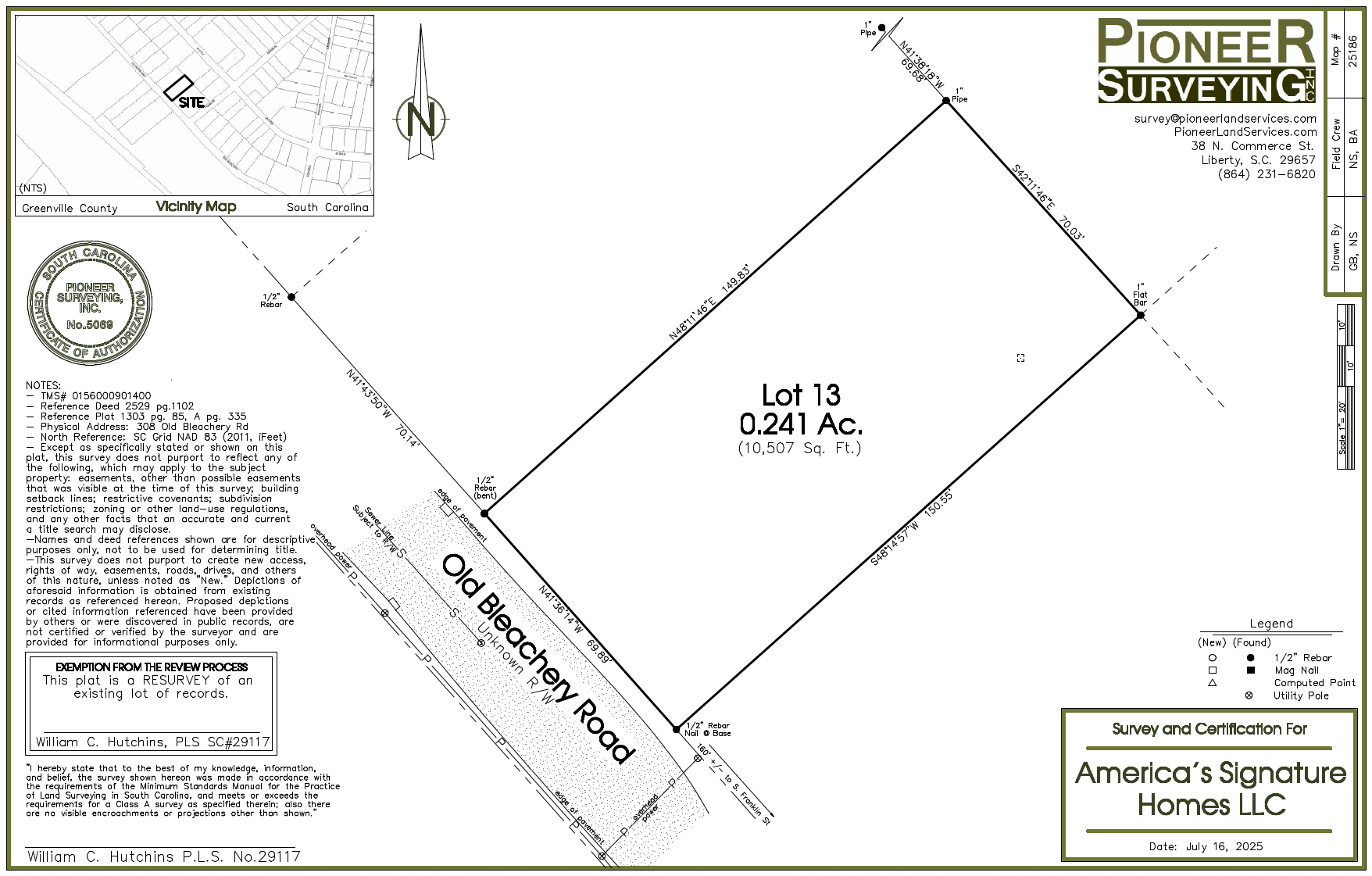 Class A survey — Lot 13, Pioneer Surveying